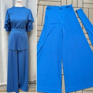 1970 Cirette California polyester sky blue top and wide leg pants set